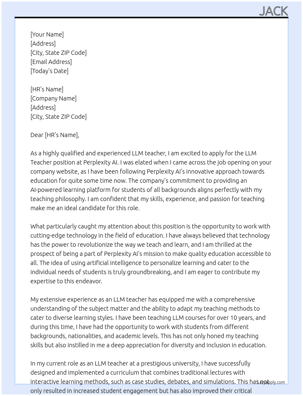 LLM Teacher At Perplexity AI Cover Letter