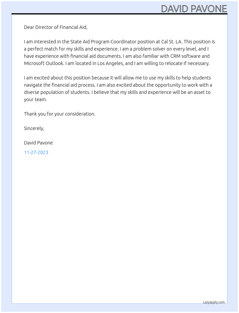 State Aid Program Coordinator At Cal St. LA Cover Letter