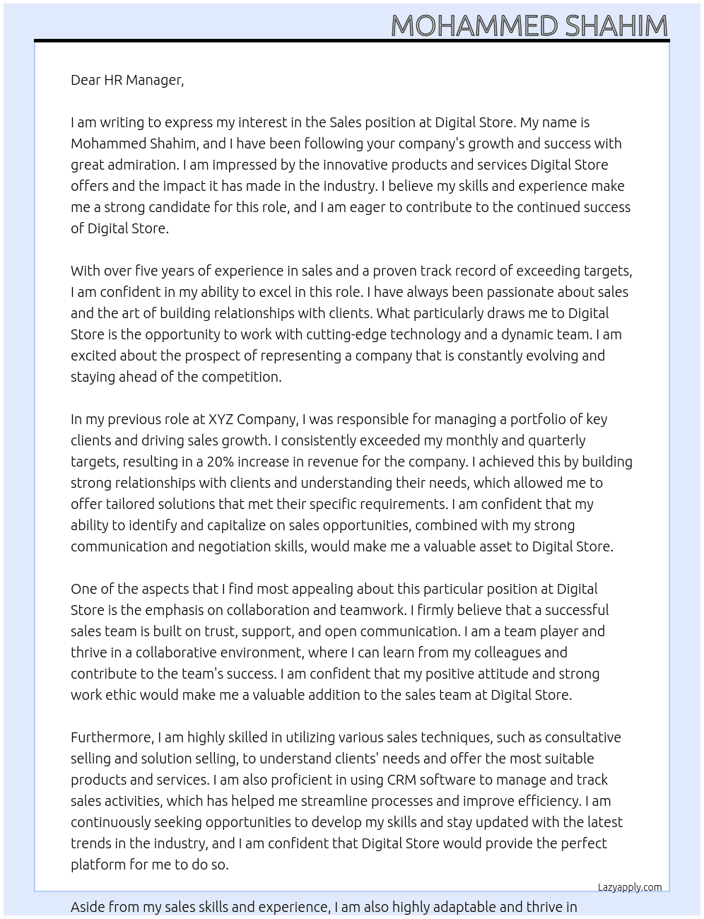 sales At digital store Cover Letter