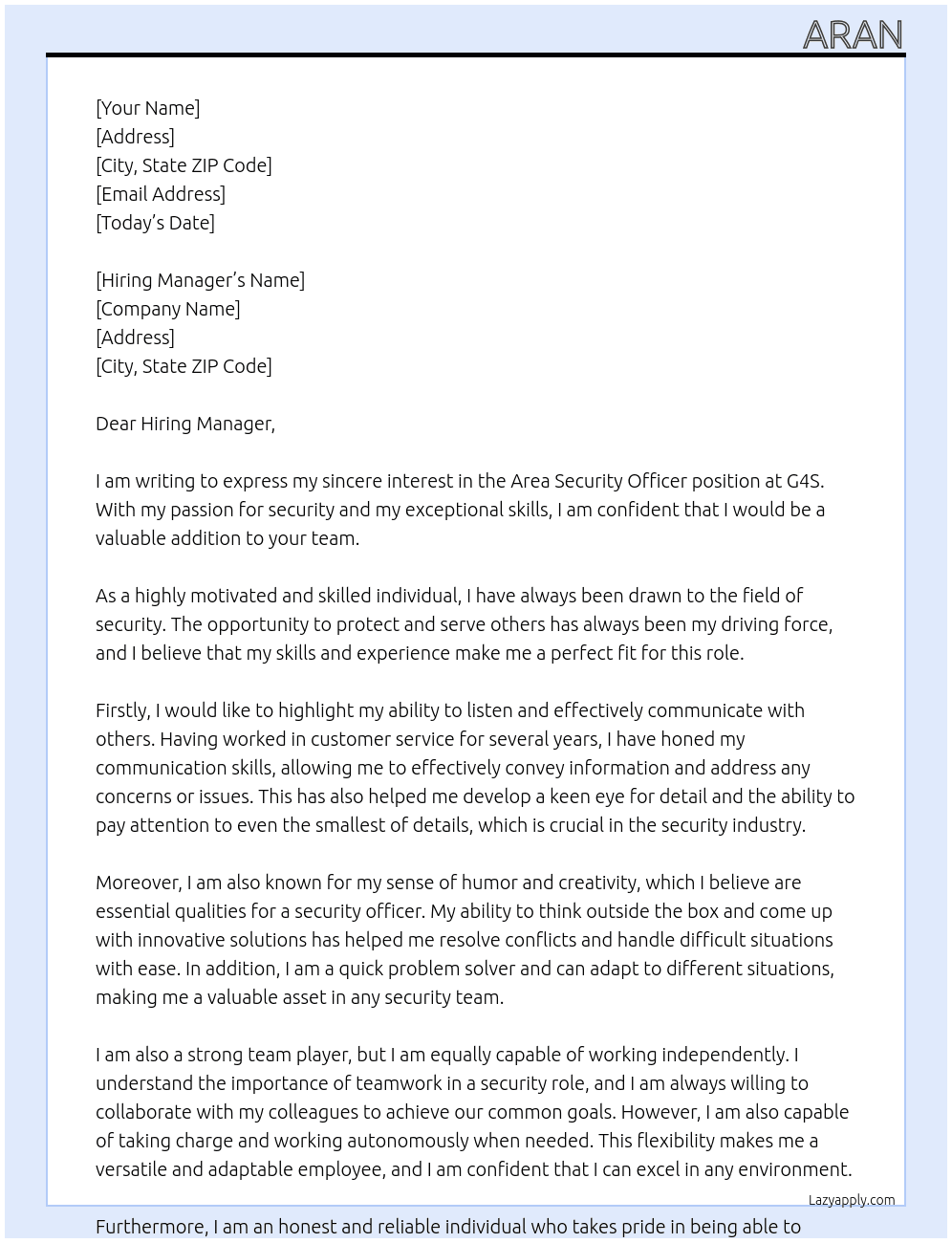 Area Security Officer At G4S Cover Letter