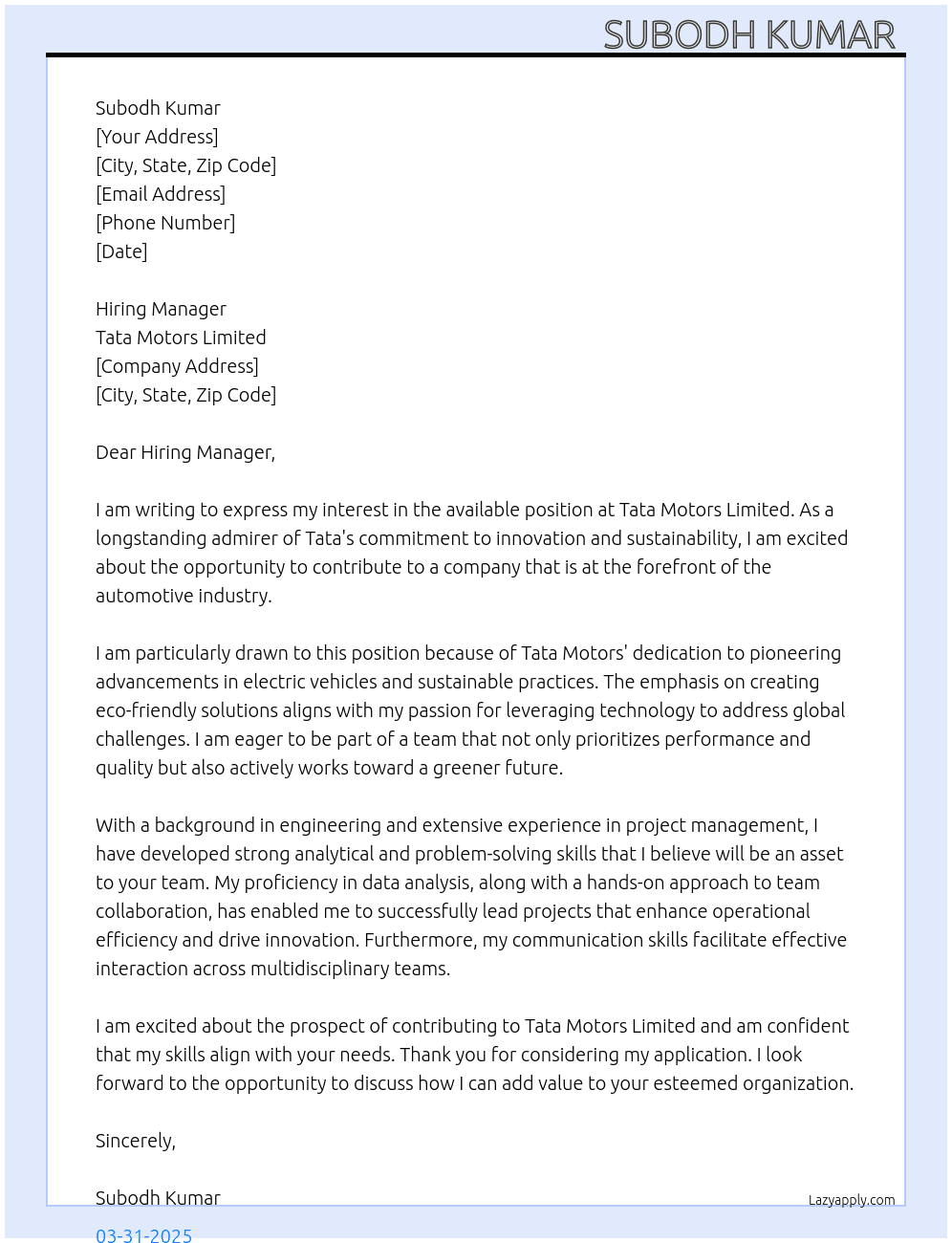 Tata Company  At Tata motors limited company  Cover Letter