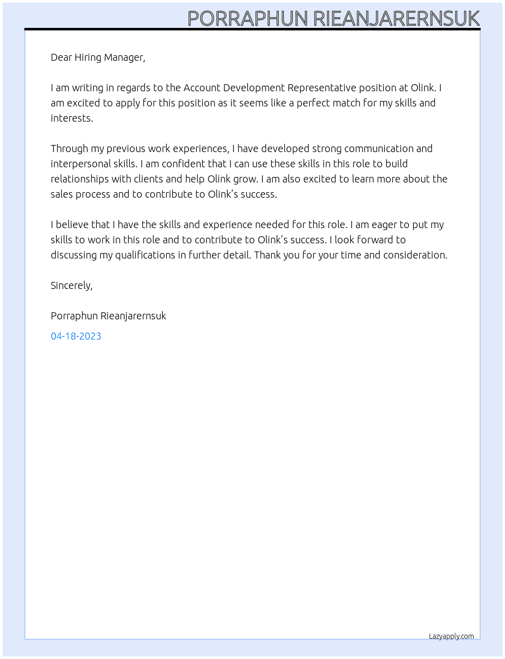 Account Development Representative At Olink Cover Letter