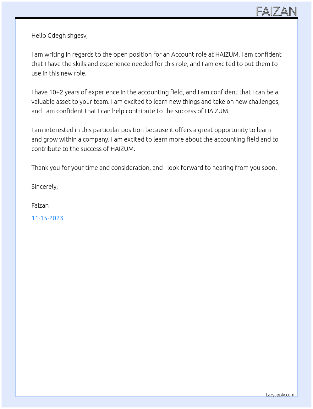 Account  At HAIZUM  Cover Letter