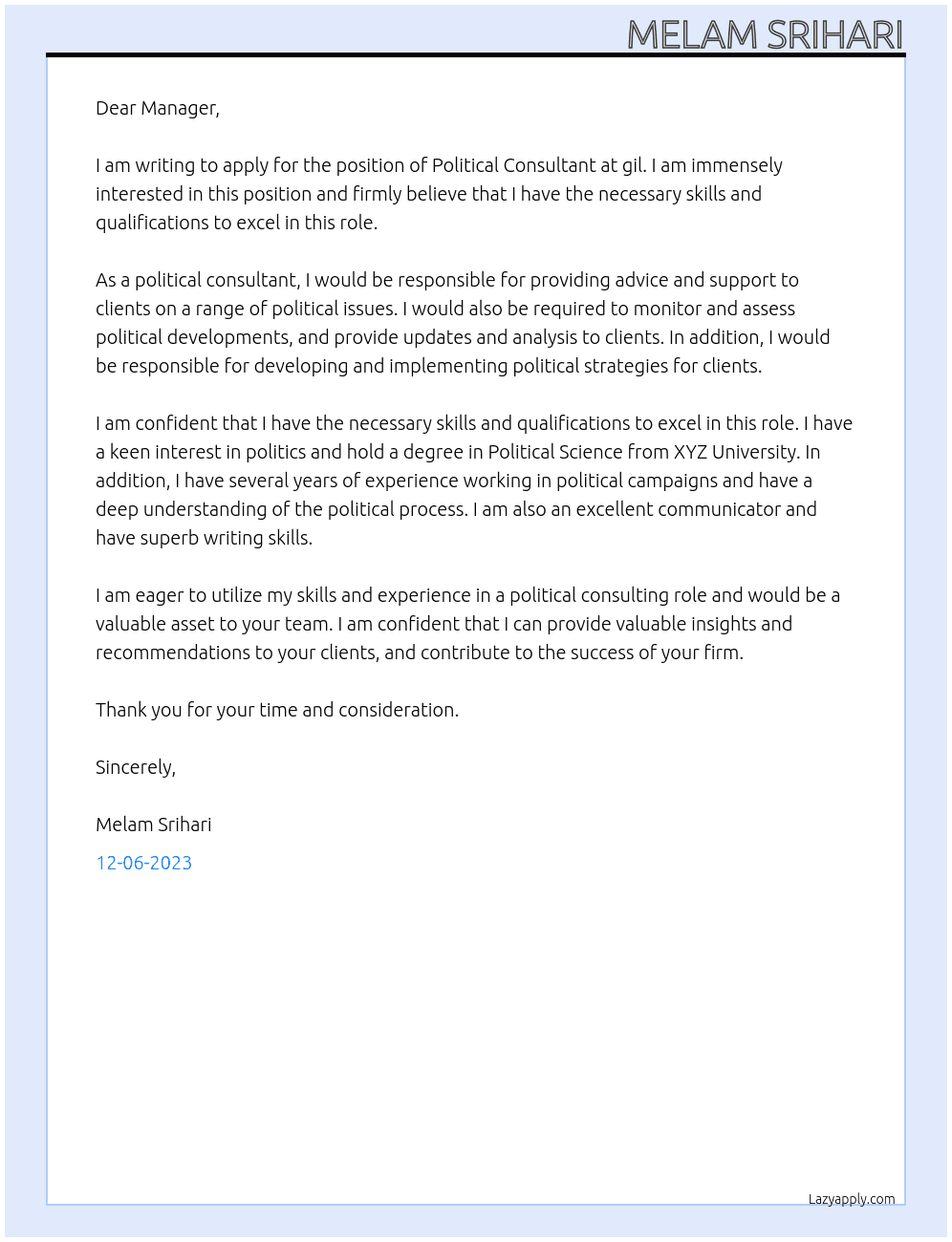 Political Consultant position At gil Cover Letter