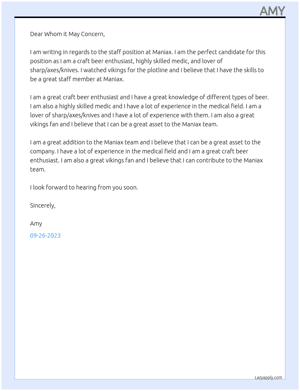 staff At Maniax Cover Letter
