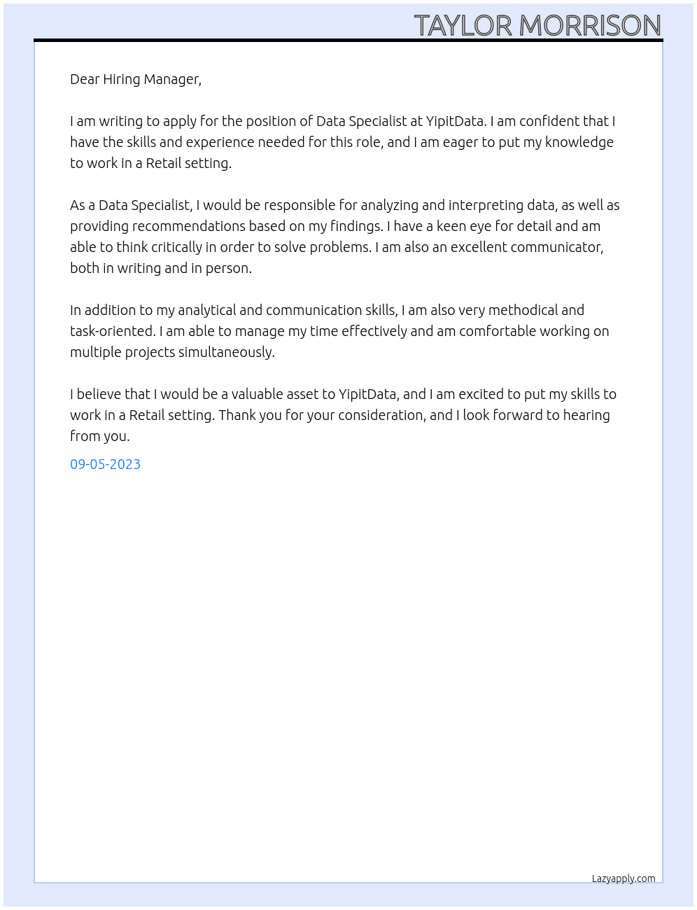 Data Specialist - Retail At YipitData Cover Letter