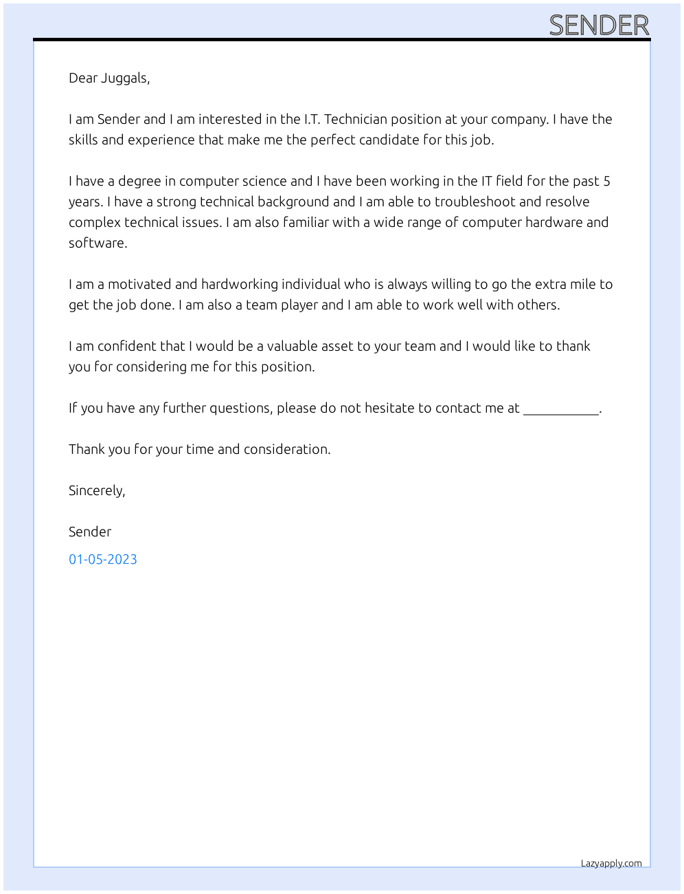 I.T. Technician  At Juggals Cover Letter