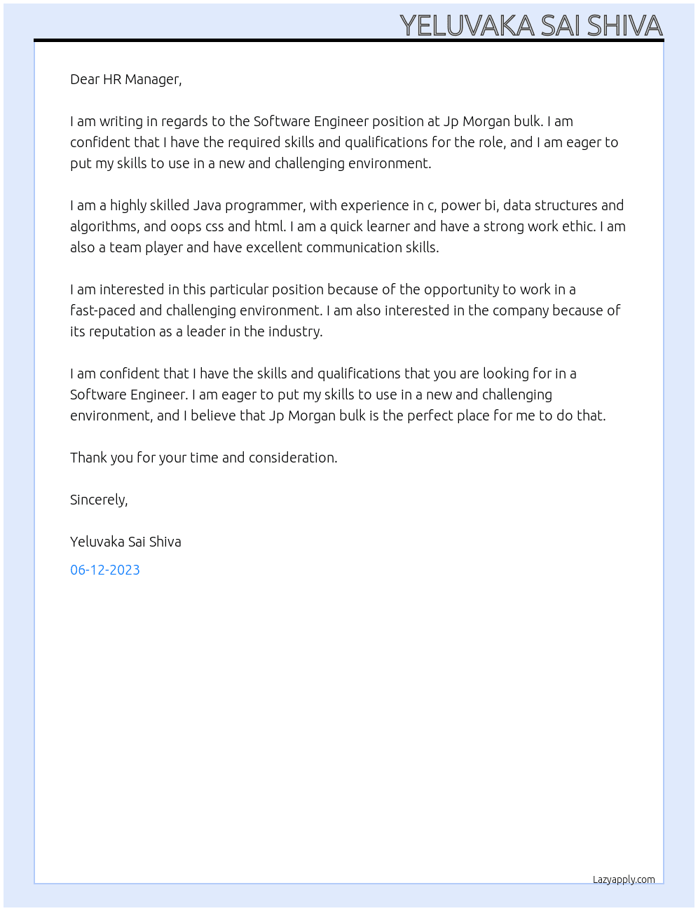 Software Engineer  At Jp Morgan bulk Cover Letter