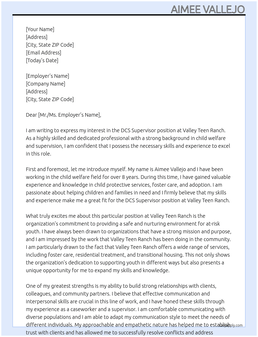 DCS Supervisor At Valley Teen Ranch Cover Letter