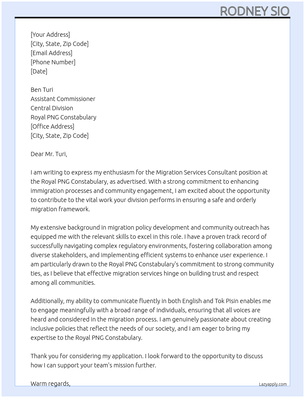 Migration Services consultant At Royal PNG Constabulary Cover Letter