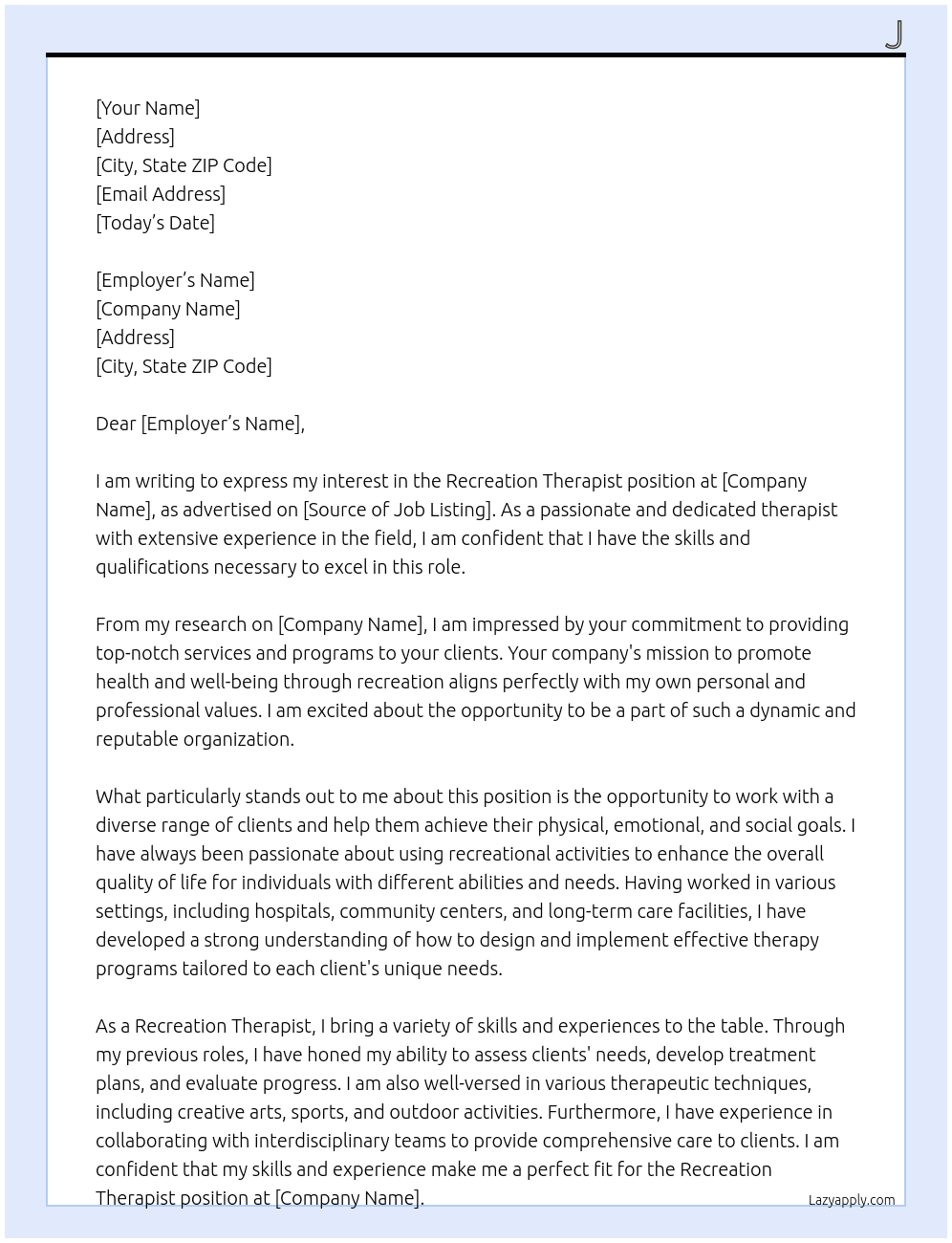 Recreation Therapist  At Email Cover Letter
