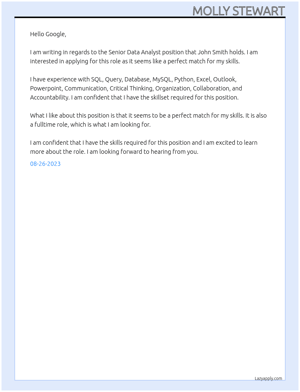 Senior Data Analyst At Google Cover Letter