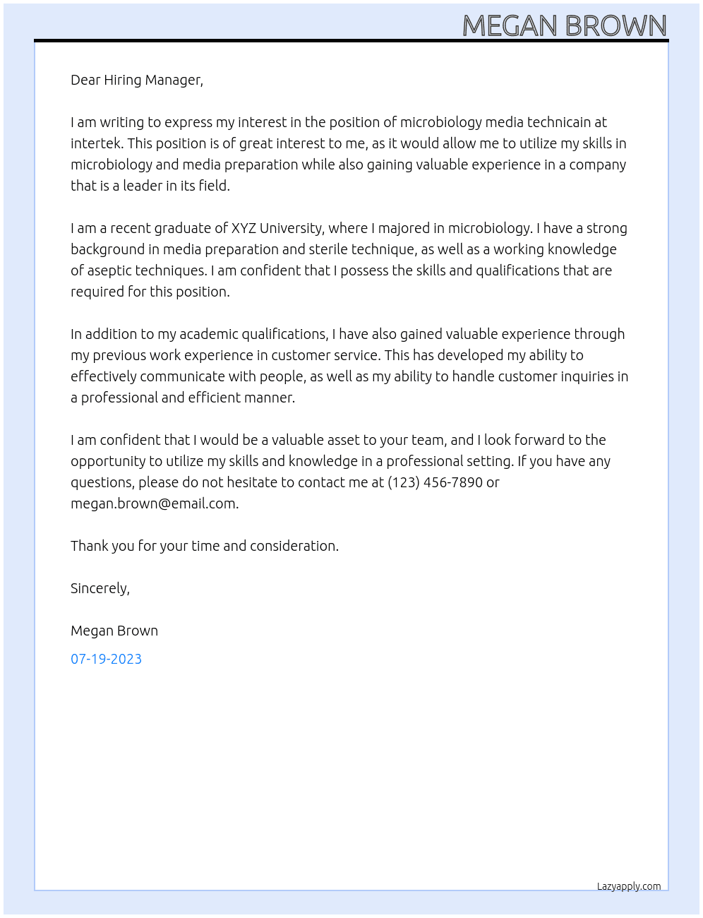 microbiology media technicain At intertek Cover Letter
