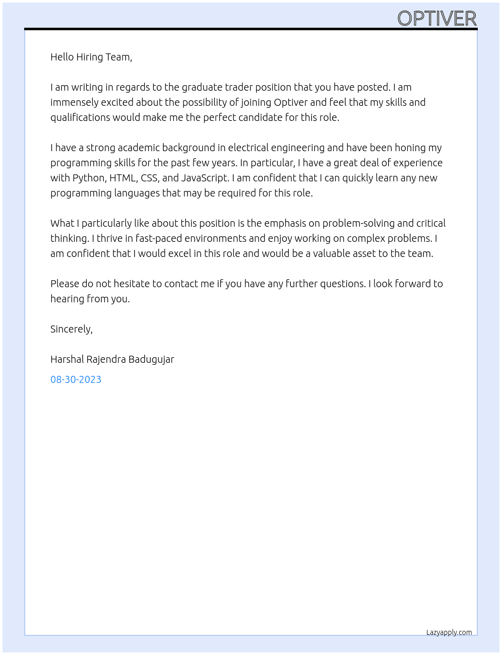 Graduate Trader At Harshal Rajendra Badugujar Cover Letter