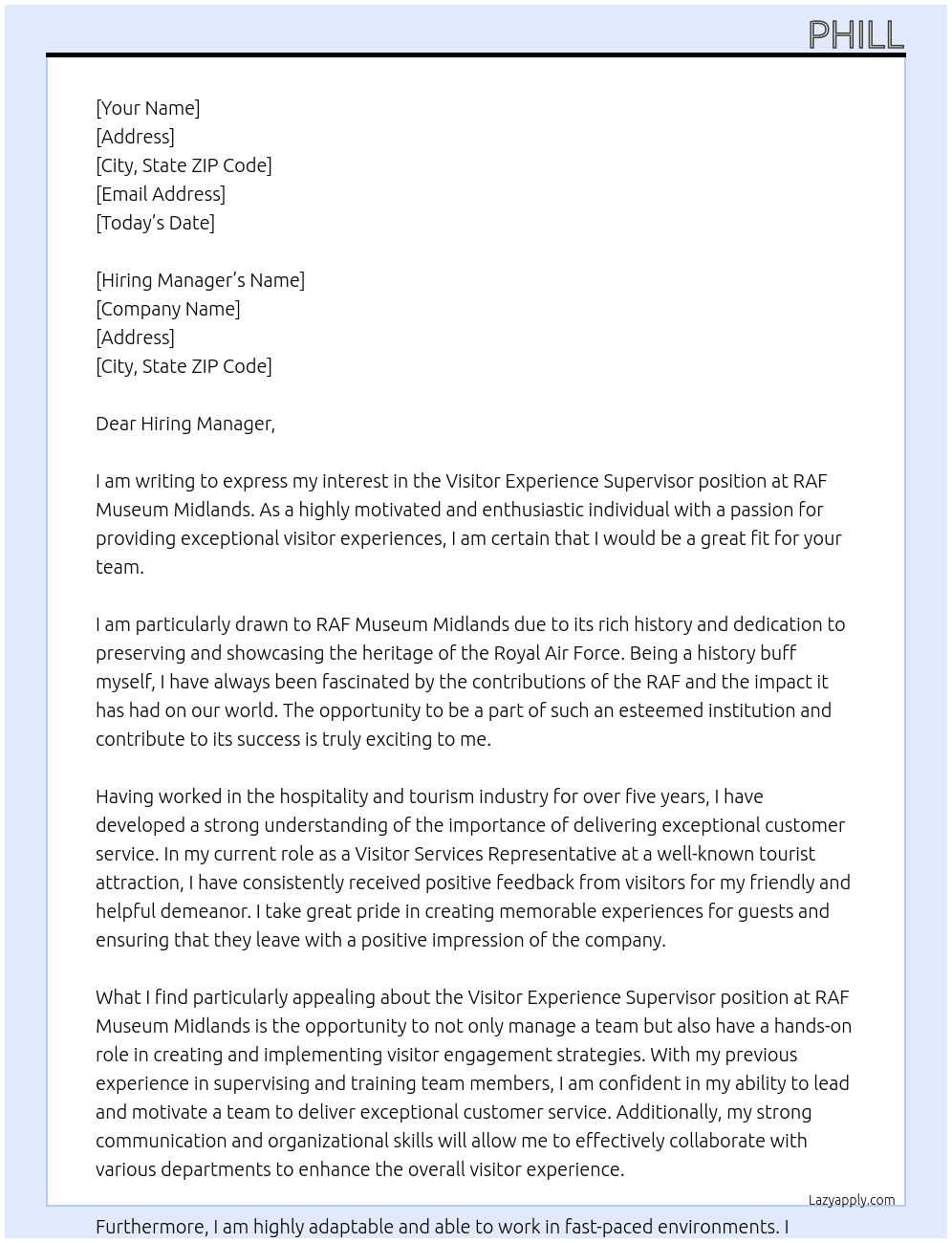 Visitor Experience Supervisor At RAF Museum Midlands Cover Letter