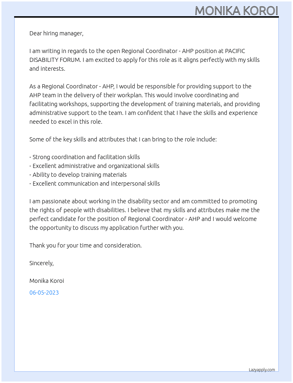 Regional Coordinator - AHP At PACIFIC DISABILITY FORUM Cover Letter