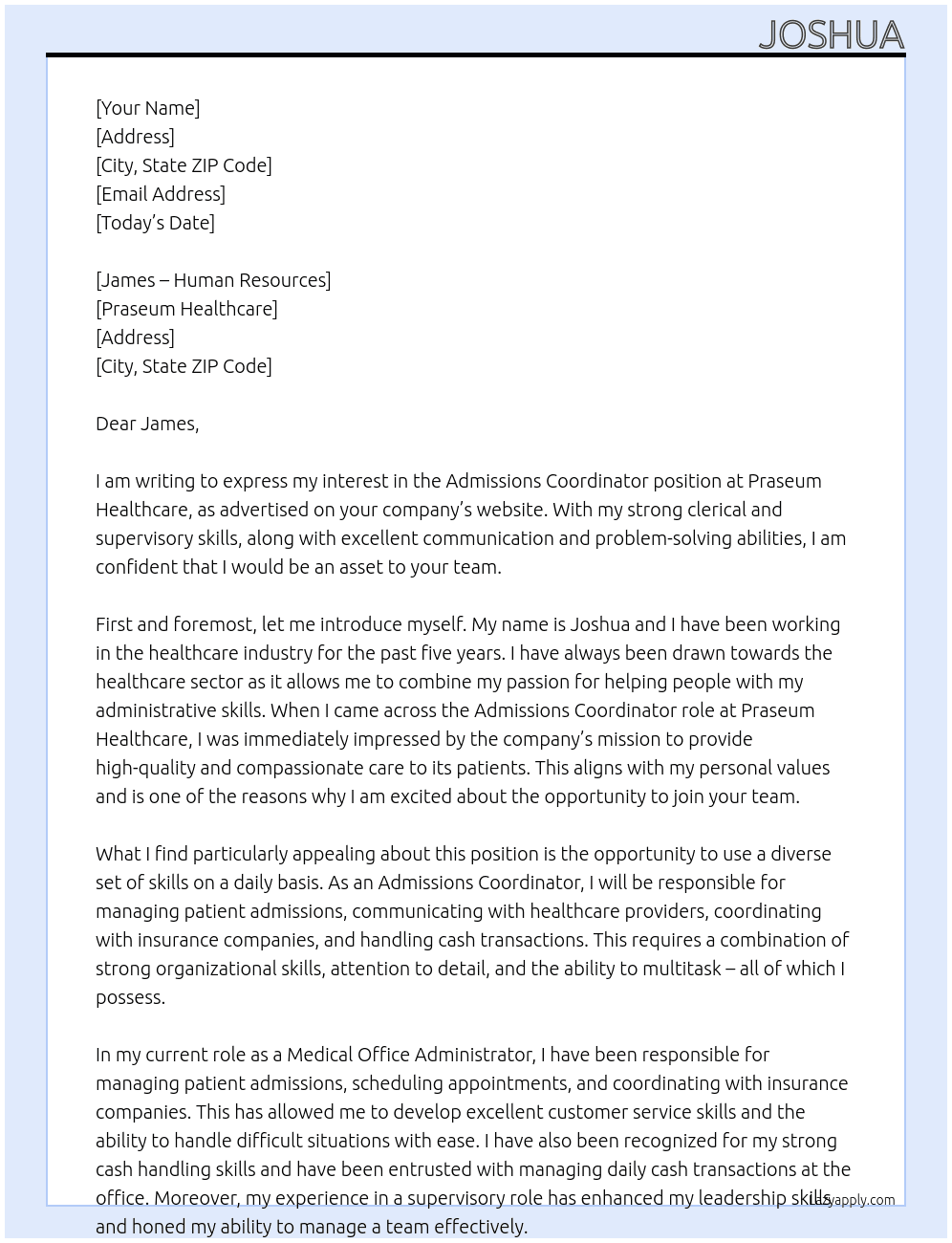 Admissions Coordinator At Praseum Healthcare Cover Letter