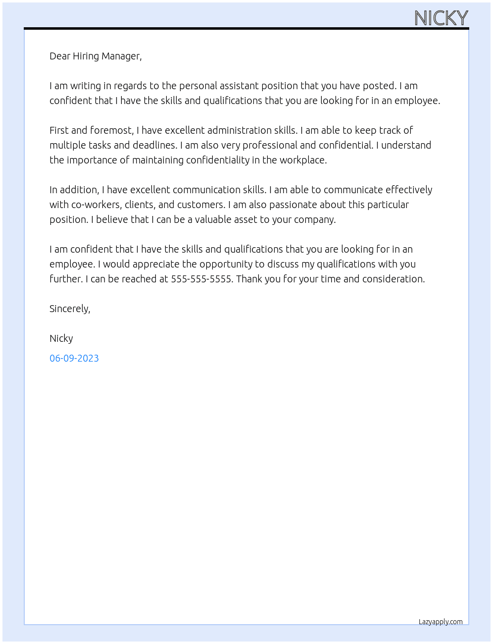 Personal assistant  At Anyone Cover Letter