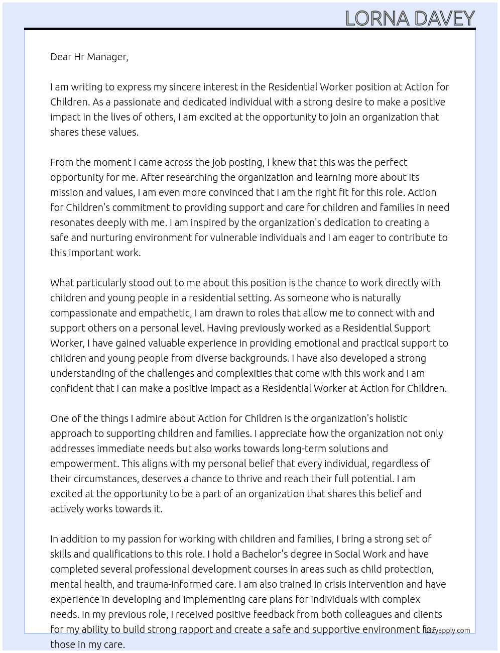 Residential Worker At Action for Children Cover Letter