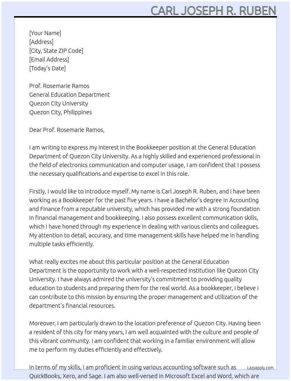 Book keeper  At General Education department  Cover Letter