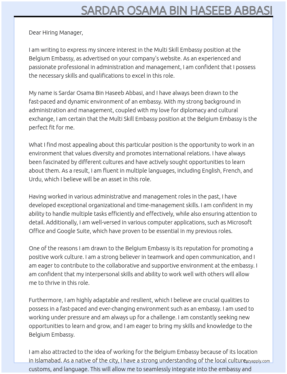 Multi skill embassy At Belgium embassy Cover Letter