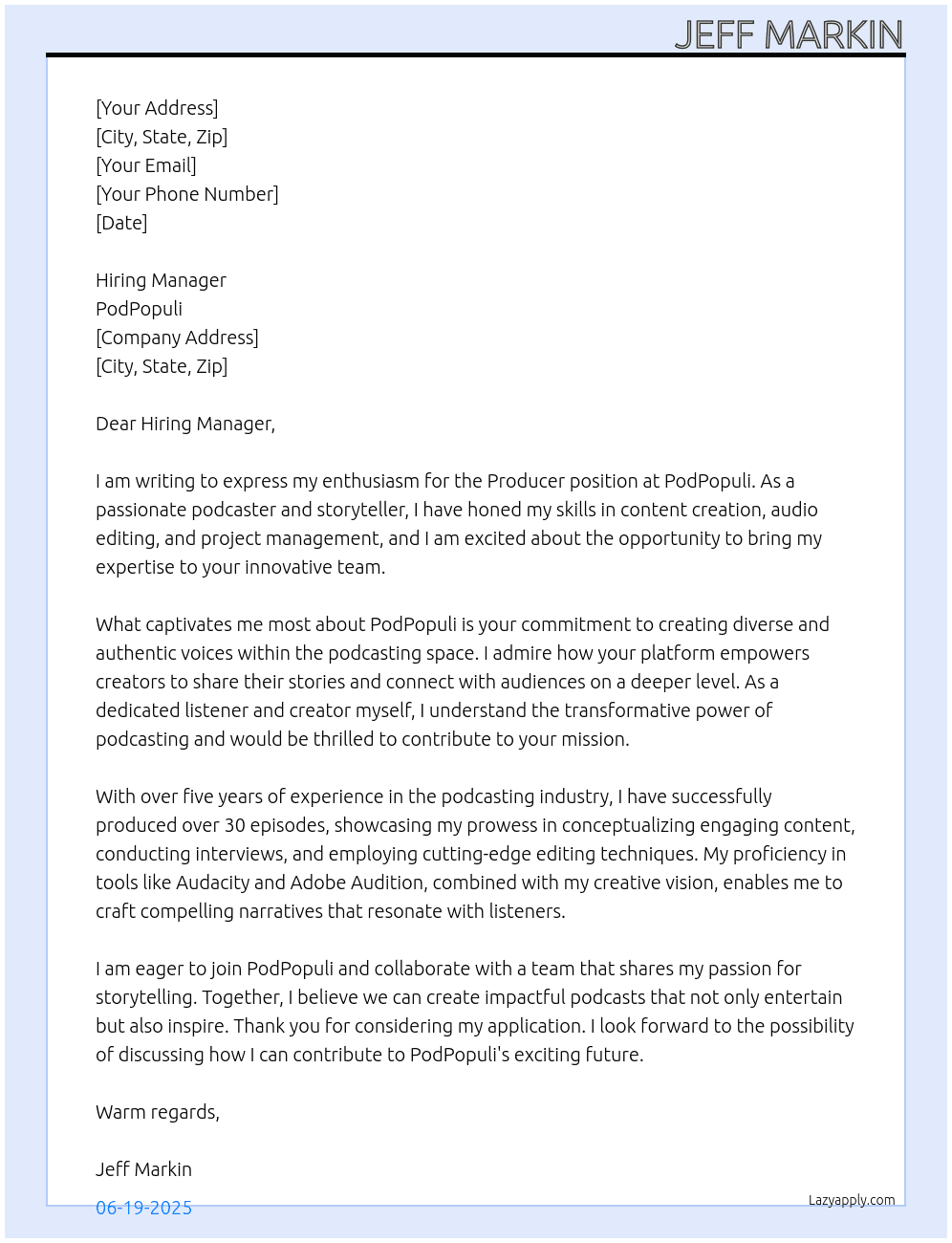 Producer At PodPopuli Cover Letter