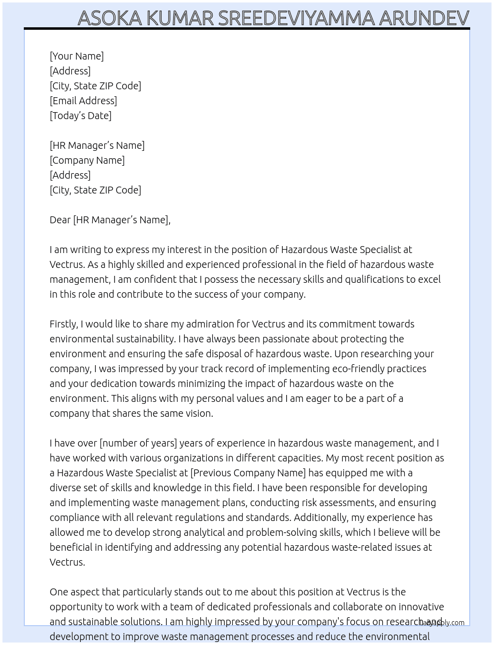 Hazardous Waste Specialist At vectrus Cover Letter