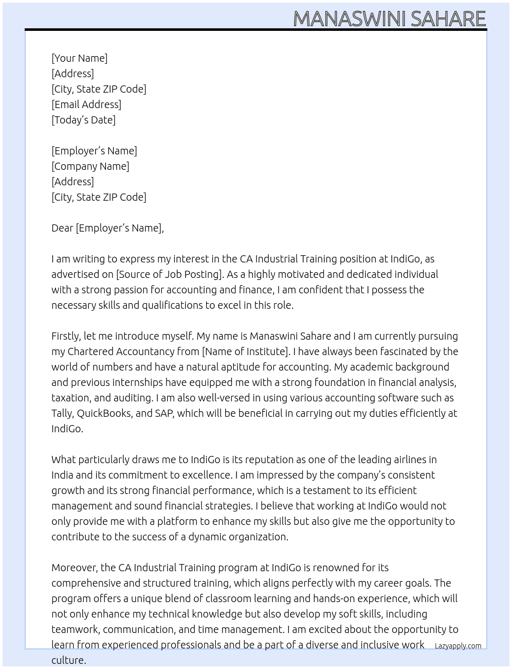 CA Industrial Training At Indi go Cover Letter