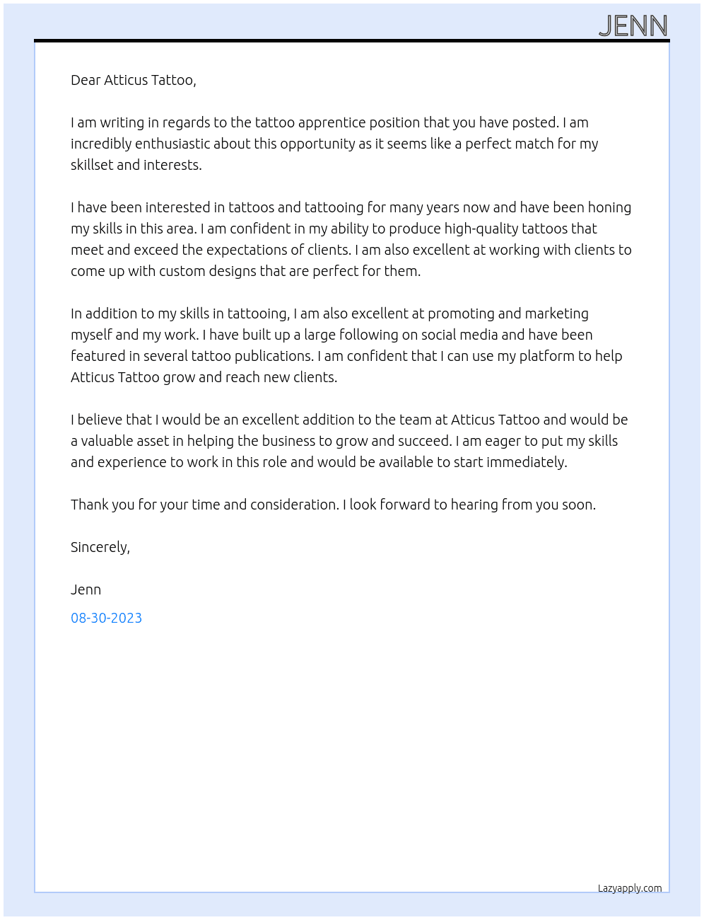 Tattoo apprentice At Atticus Tattoo Cover Letter