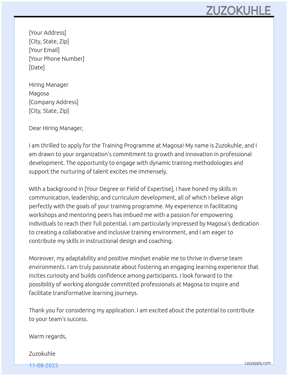 Training Programme At Magosa Cover Letter