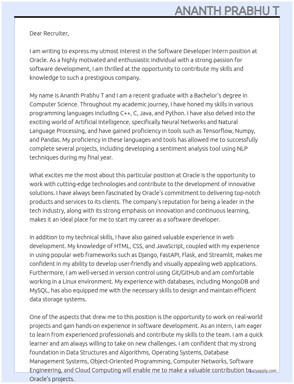 Software Developer Intern At Oracle Cover Letter
