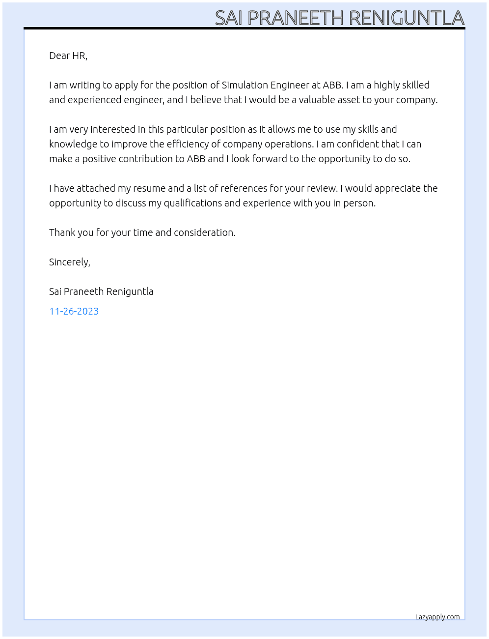Simulation Engineer At ABB Cover Letter