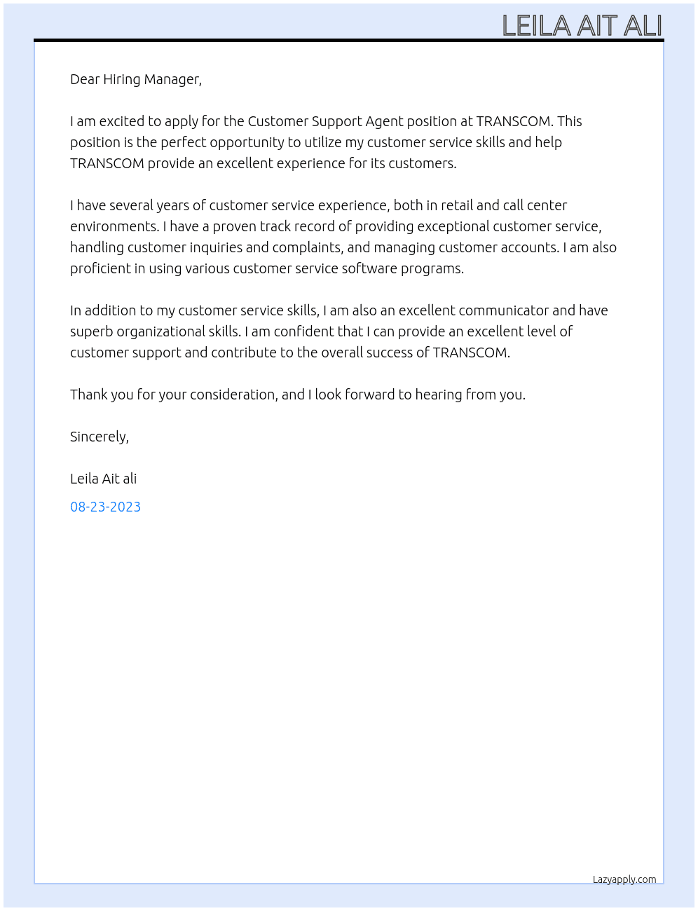 Customer Support Agent  At TRANSCOM Cover Letter