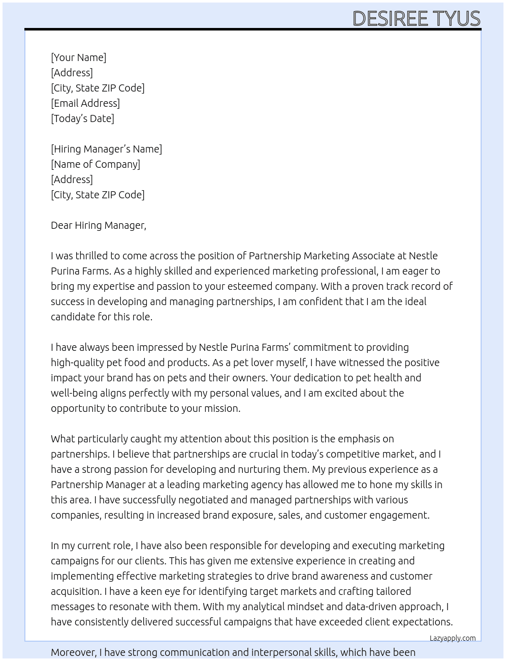 Partnership Marketing Associate At Nestle Purina Farms Cover Letter