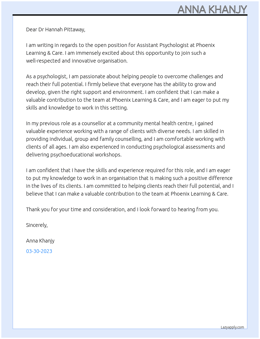 Assistant Psychologist  At Phoenix Learning & Care Cover Letter