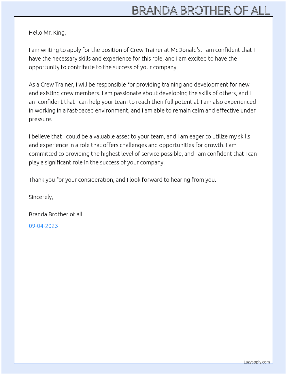 Crew trainer  At Mcdonalds  Cover Letter