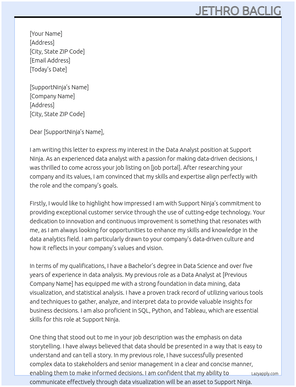 Data Analyst At Support Ninja Cover Letter