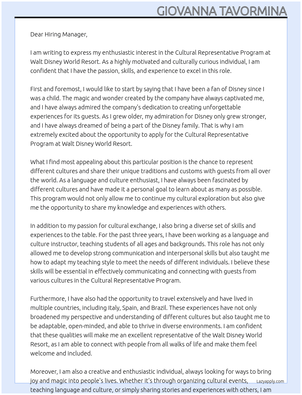 Cultural Representative Program At Walt Disney World Resort Cover Letter