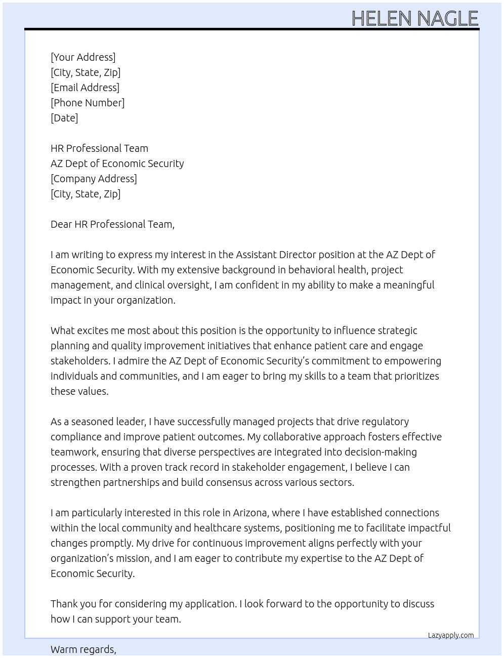 Assistant Director At AZ Dept of Economic Security Cover Letter