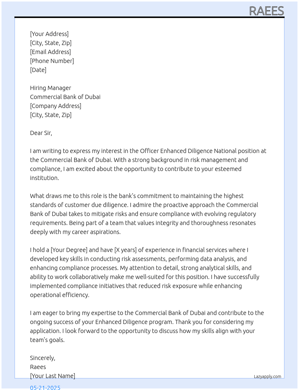 Officer enhanced deligence national  At Commercial Bank of dubai Cover Letter
