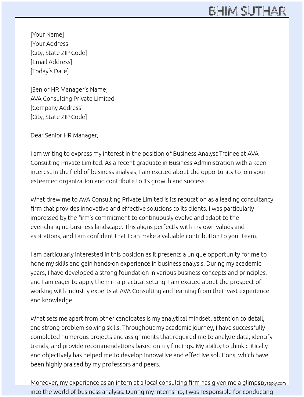 Business Analyst Trainee  At AVA consulting Private Limited  Cover Letter