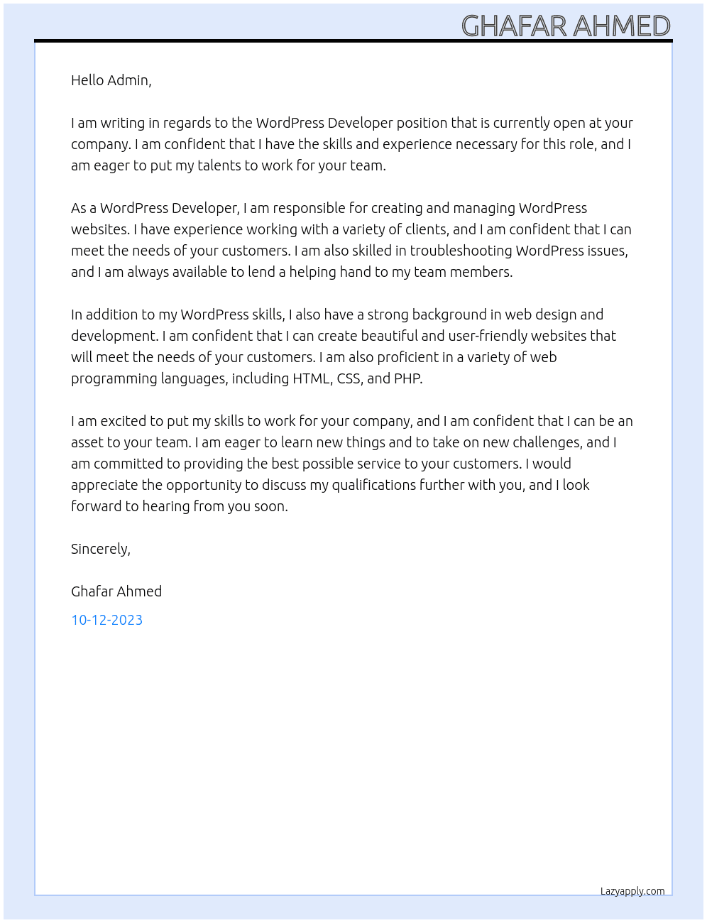 wordpress developer  At admin Cover Letter