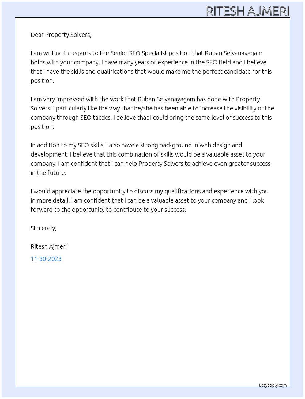 Senior SEO Specialist At Property Solvers – Sell House Fast Experts Cover Letter