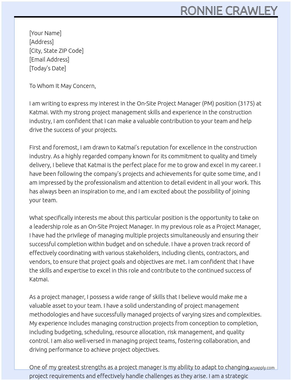 On-Site Project Manager (PM) - (3175) At Katmai Cover Letter