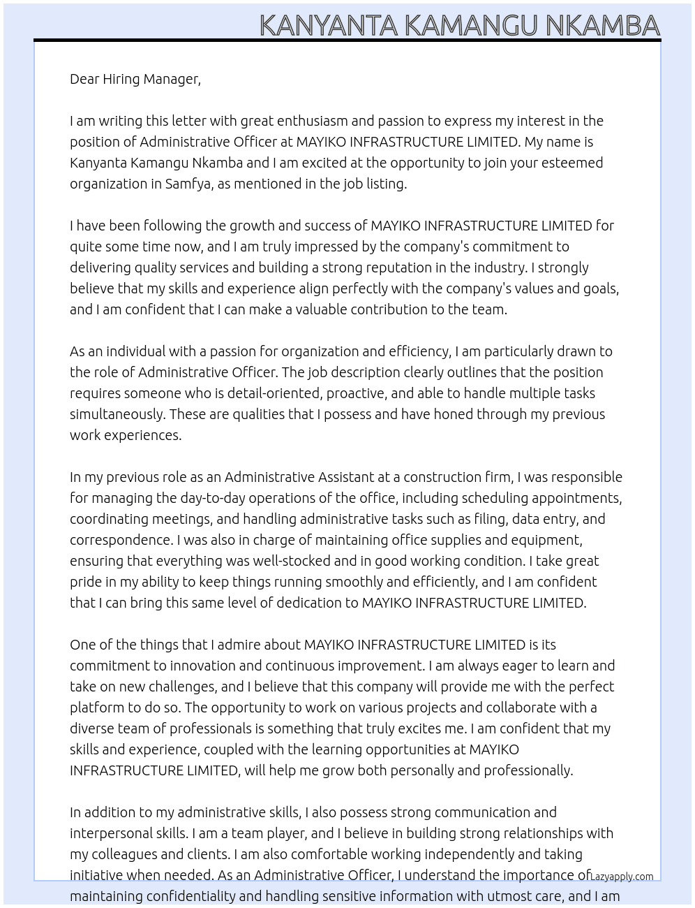 administrative officer At MAYIKO INFRASTRUCTURE LIMITED Cover Letter
