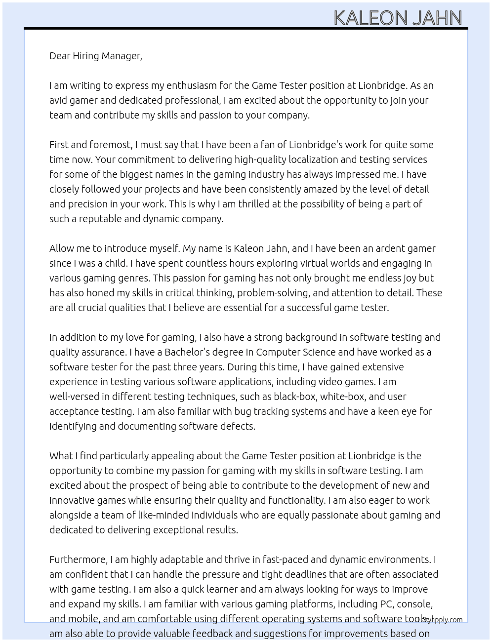 Game tester  At Lionbridge Cover Letter