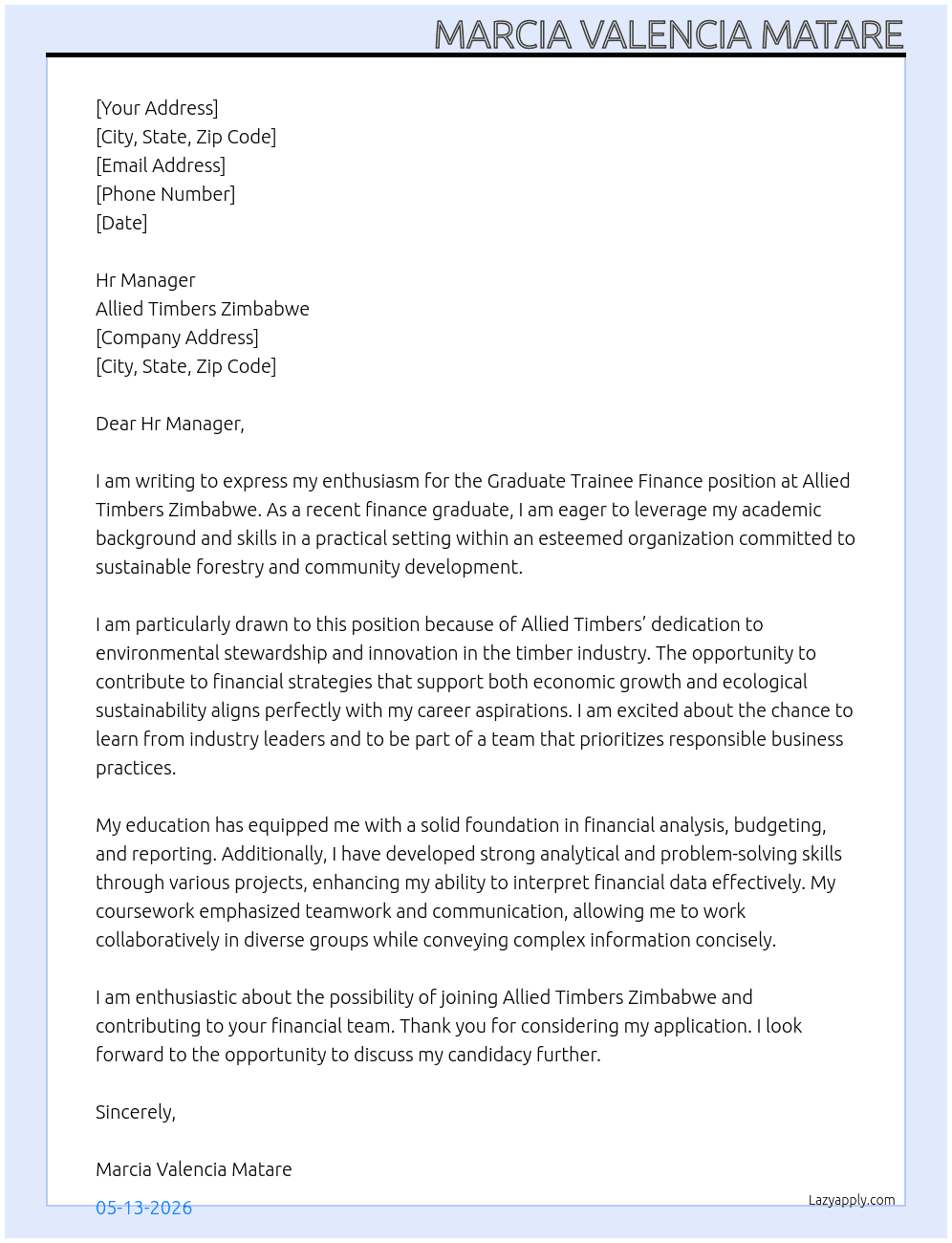 Graduate trainee finance  At Allied Timbers Zimabwe Cover Letter