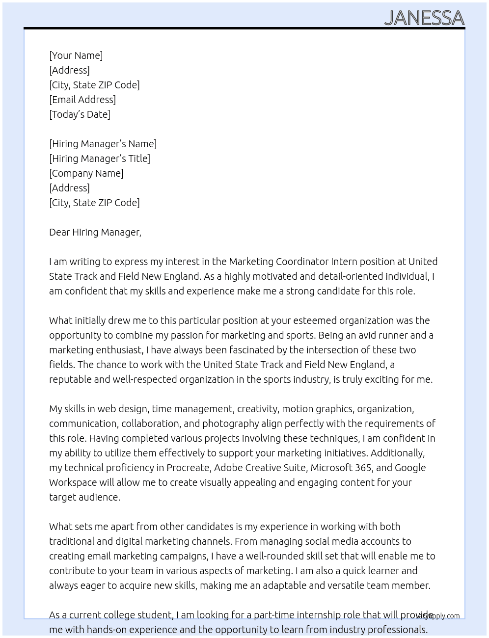 Marketing Coordinator Intern At United State Track and Field New England Cover Letter
