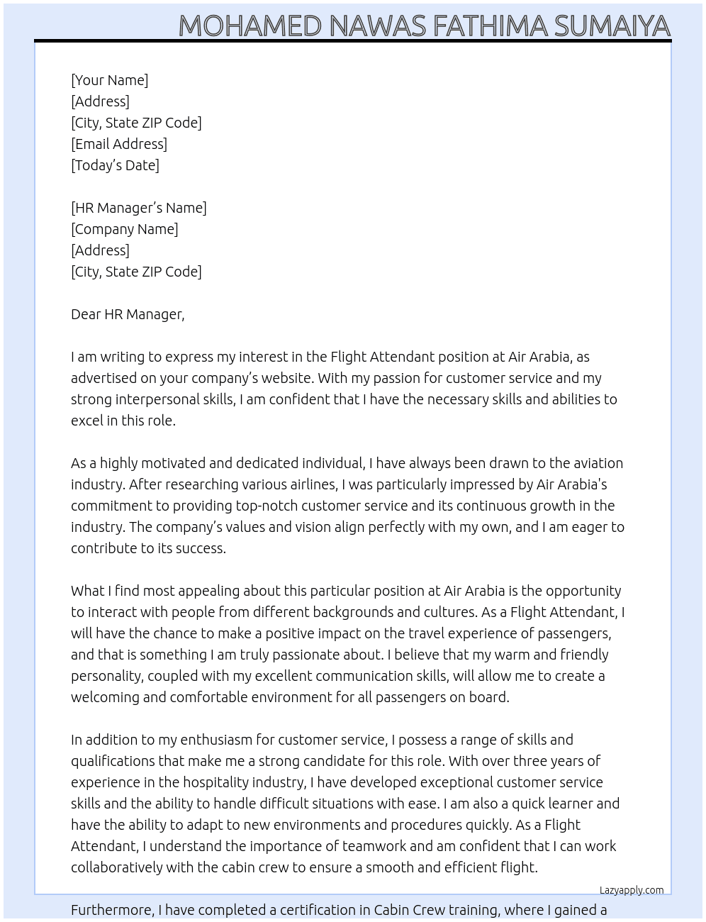 Flight Attendant At Air Arabia Cover Letter