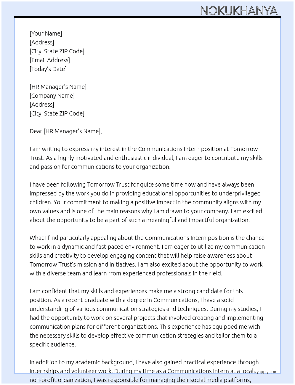 Communications Intern At Tomorrow Trust Cover Letter